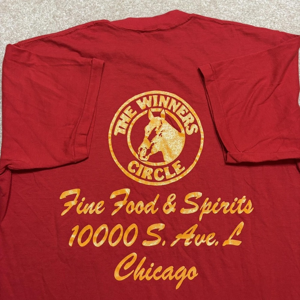 Vtg 70s Winners Circle Shirt Mens XL Red Chicago Bar Grill Horse Tee Donmoor